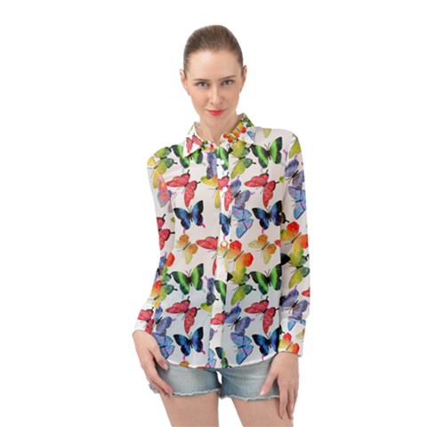 Bright Butterflies Circle In The Air Long Sleeve Chiffon Shirt by SychEva