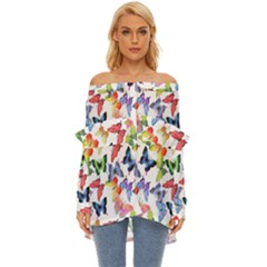 Bright Butterflies Circle In The Air Off Shoulder Chiffon Pocket Shirt