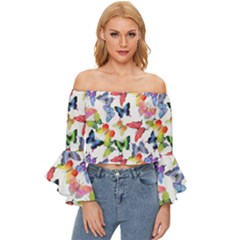 Bright Butterflies Circle In The Air Off Shoulder Flutter Bell Sleeve Top