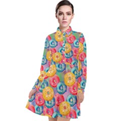 Multicolored Donuts Long Sleeve Chiffon Shirt Dress