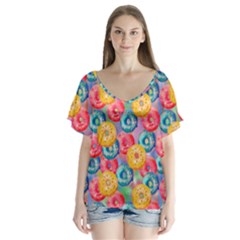 Multicolored Donuts V-neck Flutter Sleeve Top by SychEva