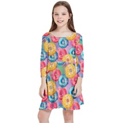 Multicolored Donuts Kids  Quarter Sleeve Skater Dress