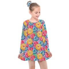 Multicolored Donuts Kids  Long Sleeve Dress by SychEva