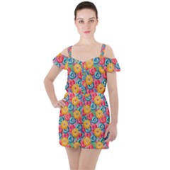 Multicolored Donuts Ruffle Cut Out Chiffon Playsuit by SychEva