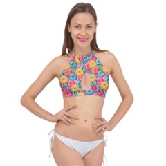 Multicolored Donuts Cross Front Halter Bikini Top by SychEva