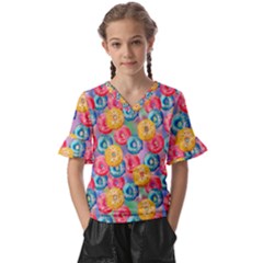 Multicolored Donuts Kids  V-neck Horn Sleeve Blouse by SychEva