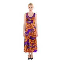 Purple And Orange Pumpkins, Crazy Halloween Pattern, Jack O  Lantern Sleeveless Maxi Dress by Casemiro