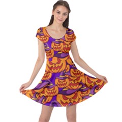 Purple And Orange Pumpkins, Crazy Halloween Pattern, Jack O  Lantern Cap Sleeve Dress by Casemiro