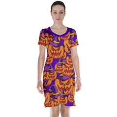 Purple And Orange Pumpkins, Crazy Halloween Pattern, Jack O  Lantern Short Sleeve Nightdress by Casemiro