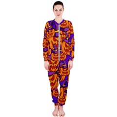 Purple And Orange Pumpkins, Crazy Halloween Pattern, Jack O  Lantern Onepiece Jumpsuit (ladies) 