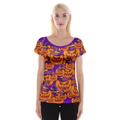 Purple And Orange Pumpkins, Crazy Halloween Pattern, Jack O  Lantern Cap Sleeve Top by Casemiro