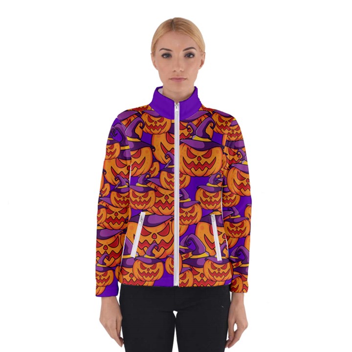 Purple and orange pumpkins, crazy Halloween pattern, Jack o  Lantern Women s Bomber Jacket