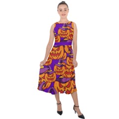 Purple And Orange Pumpkins, Crazy Halloween Pattern, Jack O  Lantern Midi Tie-back Chiffon Dress by Casemiro