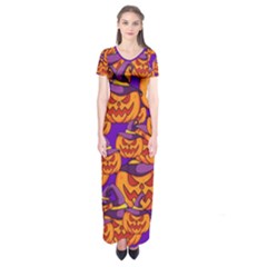 Purple And Orange Pumpkins, Crazy Halloween Pattern, Jack O  Lantern Short Sleeve Maxi Dress