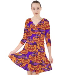 Purple And Orange Pumpkins, Crazy Halloween Pattern, Jack O  Lantern Quarter Sleeve Front Wrap Dress by Casemiro