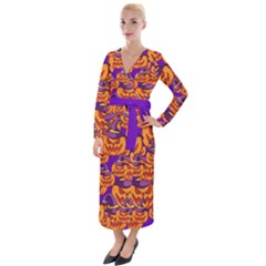 Purple And Orange Pumpkins, Crazy Halloween Pattern, Jack O  Lantern Velvet Maxi Wrap Dress by Casemiro