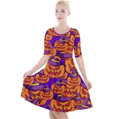 Purple And Orange Pumpkins, Crazy Halloween Pattern, Jack O  Lantern Quarter Sleeve A-line Dress