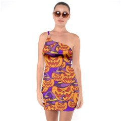 Purple And Orange Pumpkins, Crazy Halloween Pattern, Jack O  Lantern One Soulder Bodycon Dress by Casemiro