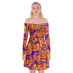 Purple And Orange Pumpkins, Crazy Halloween Pattern, Jack O  Lantern Off Shoulder Skater Dress by Casemiro