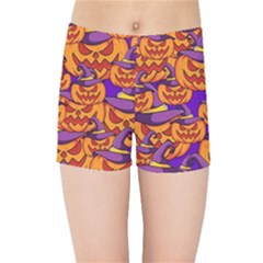 Purple And Orange Pumpkins, Crazy Halloween Pattern, Jack O  Lantern Kids  Sports Shorts by Casemiro