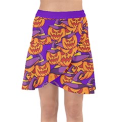 Purple And Orange Pumpkins, Crazy Halloween Pattern, Jack O  Lantern Wrap Front Skirt