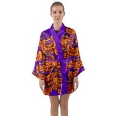 Purple And Orange Pumpkins, Crazy Halloween Pattern, Jack O  Lantern Long Sleeve Satin Kimono by Casemiro