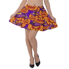 Purple And Orange Pumpkins, Crazy Halloween Pattern, Jack O  Lantern Velvet Skater Skirt