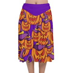 Purple And Orange Pumpkins, Crazy Halloween Pattern, Jack O  Lantern Velvet Flared Midi Skirt