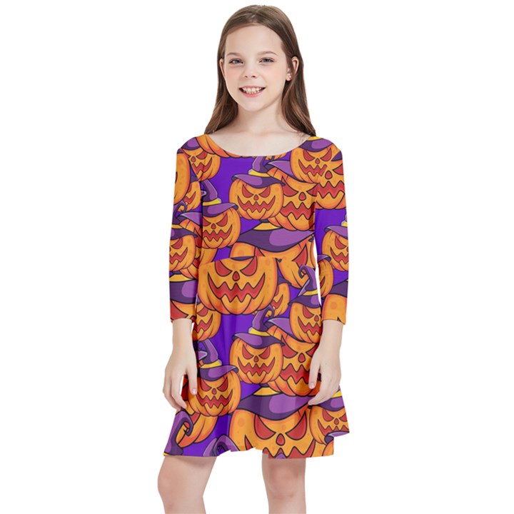 Purple and orange pumpkins, crazy Halloween pattern, Jack o  Lantern Kids  Quarter Sleeve Skater Dress