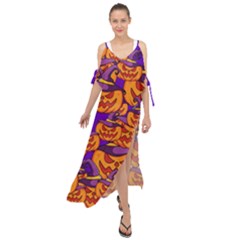 Purple And Orange Pumpkins, Crazy Halloween Pattern, Jack O  Lantern Maxi Chiffon Cover Up Dress by Casemiro