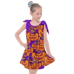 Purple And Orange Pumpkins, Crazy Halloween Pattern, Jack O  Lantern Kids  Tie Up Tunic Dress by Casemiro