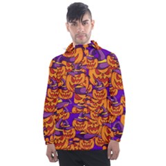 Purple And Orange Pumpkins, Crazy Halloween Pattern, Jack O  Lantern Men s Front Pocket Pullover Windbreaker