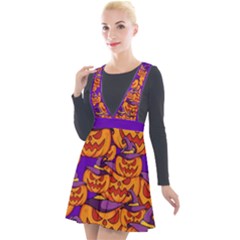 Purple And Orange Pumpkins, Crazy Halloween Pattern, Jack O  Lantern Plunge Pinafore Velour Dress by Casemiro