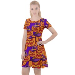 Purple And Orange Pumpkins, Crazy Halloween Pattern, Jack O  Lantern Cap Sleeve Velour Dress  by Casemiro