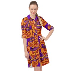 Purple And Orange Pumpkins, Crazy Halloween Pattern, Jack O  Lantern Long Sleeve Mini Shirt Dress by Casemiro