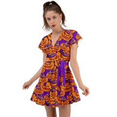 Purple And Orange Pumpkins, Crazy Halloween Pattern, Jack O  Lantern Flutter Sleeve Wrap Dress