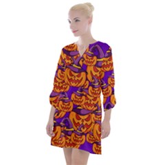 Purple And Orange Pumpkins, Crazy Halloween Pattern, Jack O  Lantern Open Neck Shift Dress by Casemiro