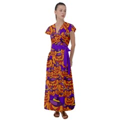 Purple And Orange Pumpkins, Crazy Halloween Pattern, Jack O  Lantern Flutter Sleeve Maxi Dress by Casemiro