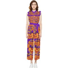 Purple And Orange Pumpkins, Crazy Halloween Pattern, Jack O  Lantern Women s Frill Top Jumpsuit by Casemiro