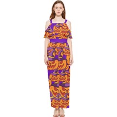 Purple And Orange Pumpkins, Crazy Halloween Pattern, Jack O  Lantern Draped Sleeveless Chiffon Jumpsuit