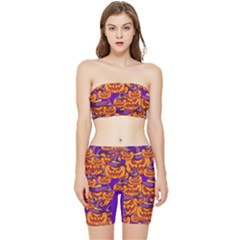 Purple And Orange Pumpkins, Crazy Halloween Pattern, Jack O  Lantern Stretch Shorts And Tube Top Set by Casemiro