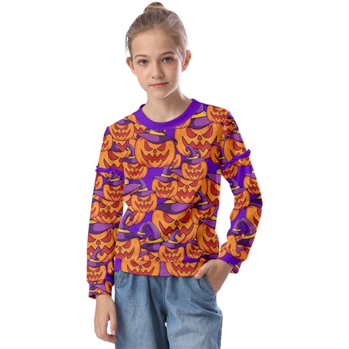 Purple and orange pumpkins, crazy Halloween pattern, Jack o  Lantern Kids  Long Sleeve Tee with Frill 