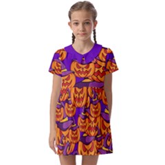 Purple And Orange Pumpkins, Crazy Halloween Pattern, Jack O  Lantern Kids  Asymmetric Collar Dress