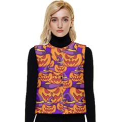 Purple And Orange Pumpkins, Crazy Halloween Pattern, Jack O  Lantern Women s Short Button Up Puffer Vest