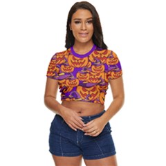 Purple And Orange Pumpkins, Crazy Halloween Pattern, Jack O  Lantern Side Button Cropped Tee