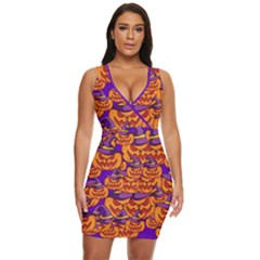 Purple And Orange Pumpkins, Crazy Halloween Pattern, Jack O  Lantern Draped Bodycon Dress