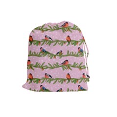 Bullfinches Sit On Branches On A Pink Background Drawstring Pouch (large) by SychEva