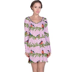 Bullfinches Sit On Branches On A Pink Background Long Sleeve Nightdress by SychEva