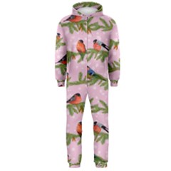 Bullfinches Sit On Branches On A Pink Background Hooded Jumpsuit (men)  by SychEva