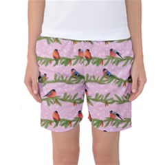 Bullfinches Sit On Branches On A Pink Background Women s Basketball Shorts by SychEva